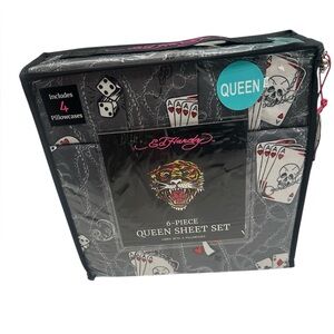 Ed Hardy Queen Sheet Set 6-Piece Grey with Tiger Skull Playing Cards Print NWT